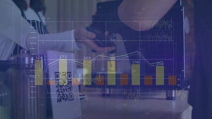 Female barista extending terminal toward smartphone in cafe, animating charts updating transaction - Powered by Adobe