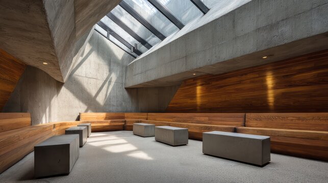 Corner reading space under a vaulted skylight tactile wood slats and concrete benches realistic shadows and sunbeam rays casting
