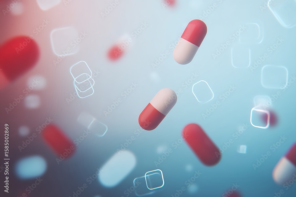 Poster abstract clean medical background theme featuring floating pills and outlined shapes creating a soot