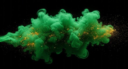 Vibrant green smoke swirls with golden glitter particles on black background