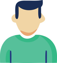 Stylized cartoon illustration of a person with dark hair and a teal crew neck shirt against a white background