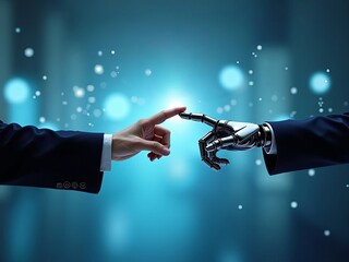Human and artificial intelligence connection symbolized by touching hands of businessman and robot on blue digital background