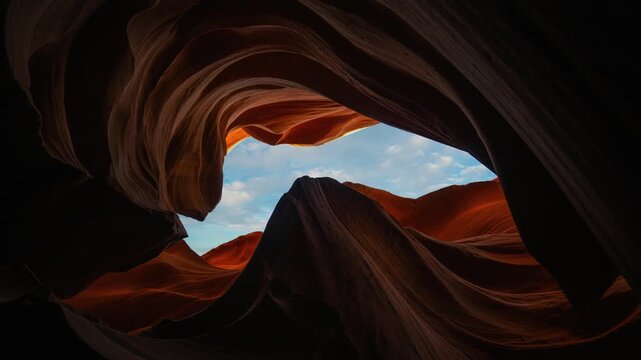 Time lapse of blue sky and moving clouds framed by Lower Antelope Canyon sandstone rock walls, Arizona