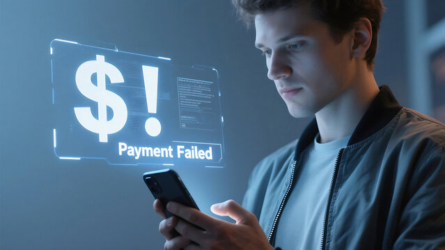 Man looking at phone with payment failed message displayed on futuristic transparent interface screen