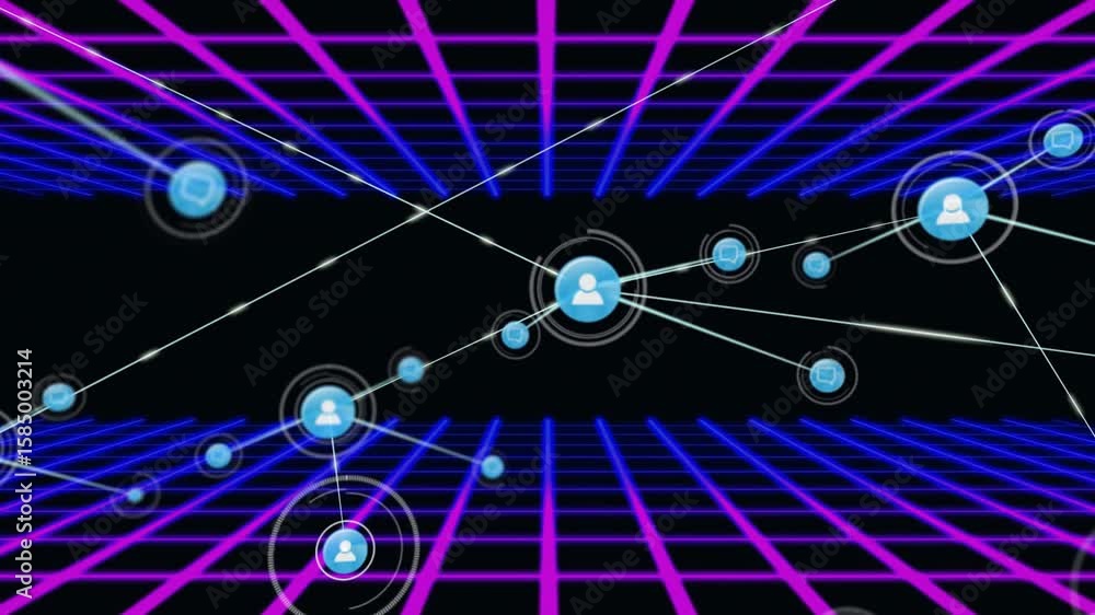 Aufkleber single user icon firing white line spawning linked nodes and icons across neon grid space