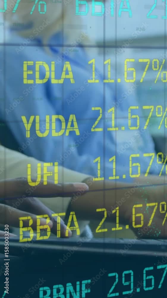 Poster animation of trading board and grid pattern over midsection of woman using laptop