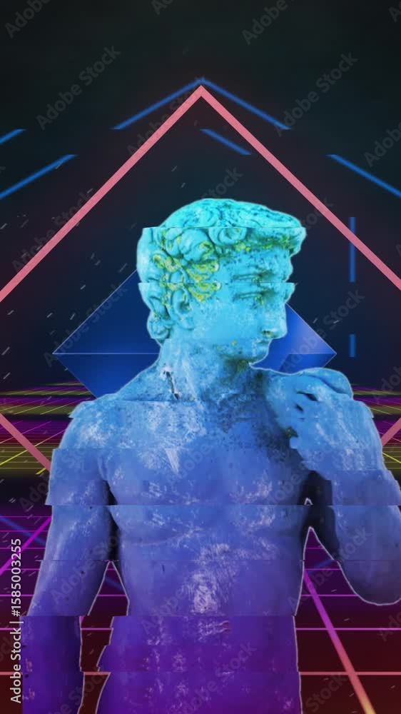 Poster animation of interference over sculpture with shapes and lines on black background