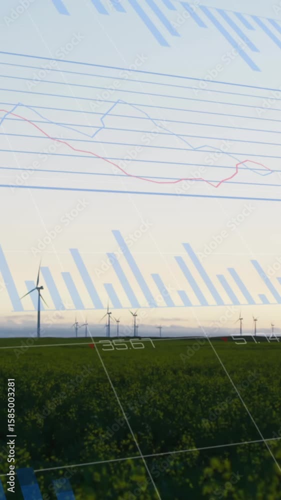 Poster animation of financial data processing and wind turbines