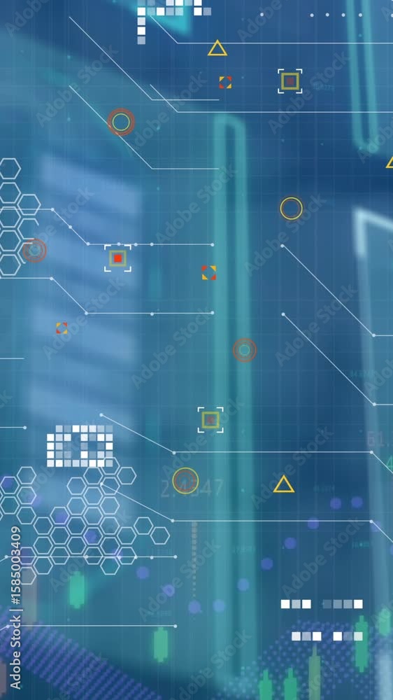 Poster animation of digital interface and data processing over blue background