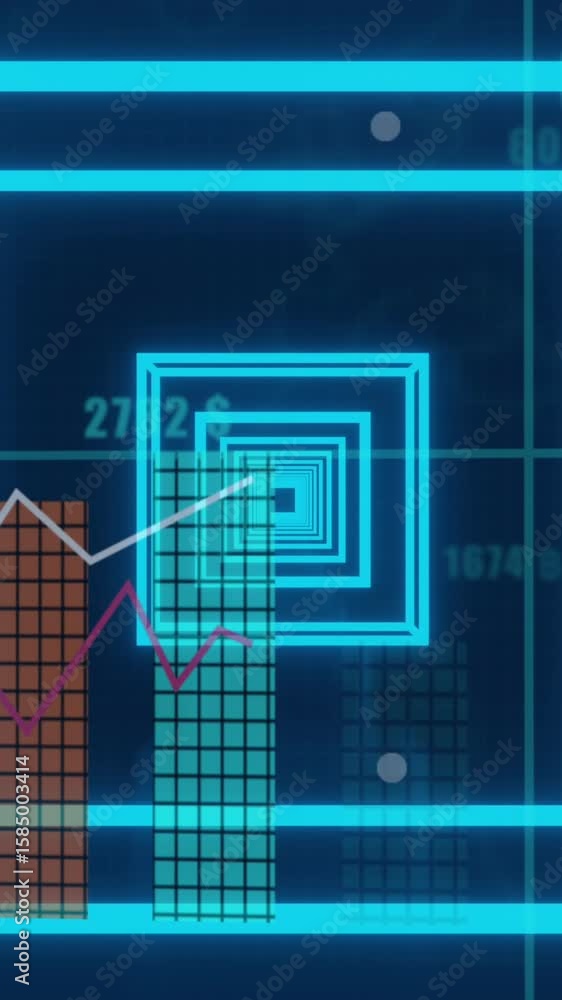 Poster Animation of neon blue tunnel in seamless pattern over statistical data processing