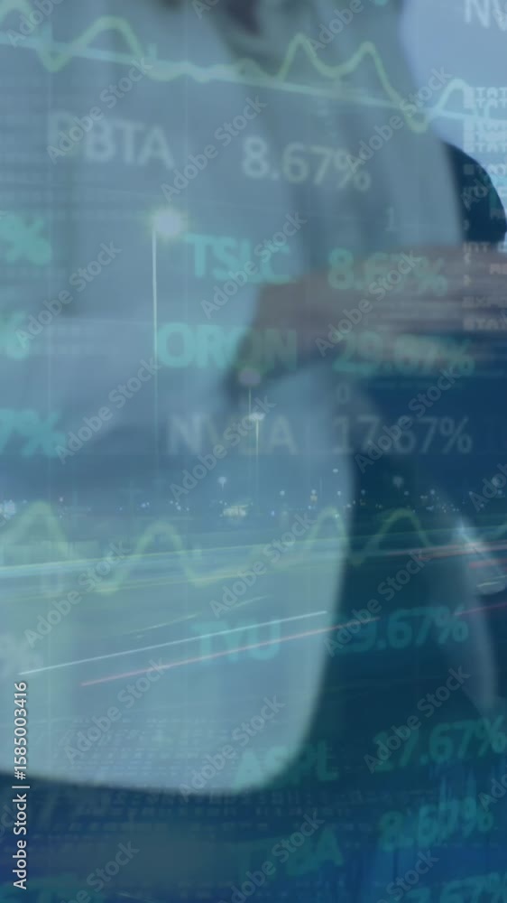 Poster animation of trading board, binary code, database over caucasian coworkers discussing over laptop