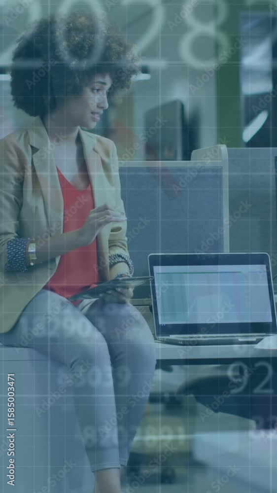Poster composite image of and two girl in digital interface against financial data processing