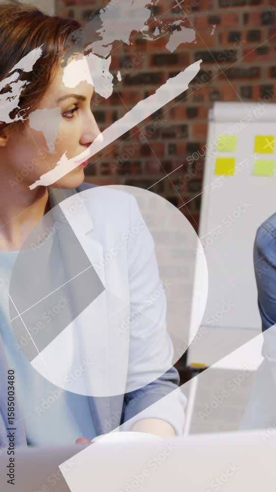Poster animation of statistical data processing over diverse colleagues discussing over a laptop at office