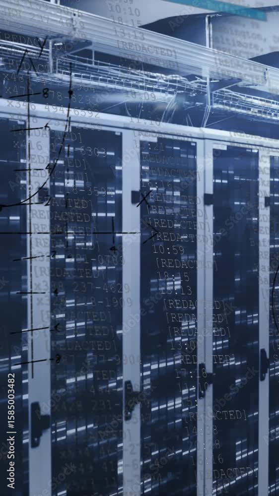 Poster animation of mathematical equations floating against mosaic squares over computer server room