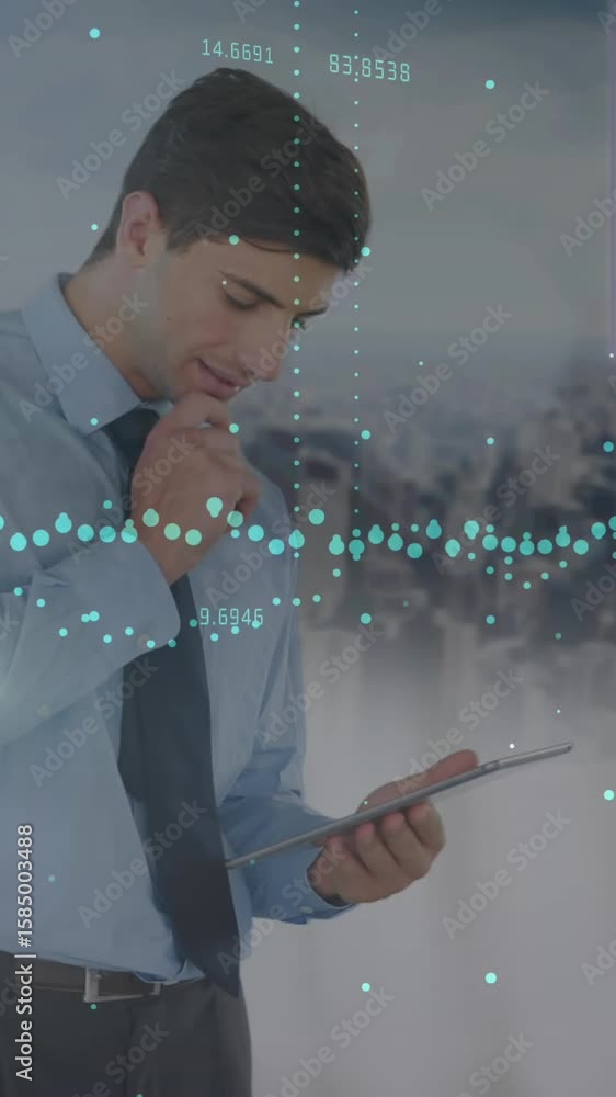 Aufkleber animation of data processing over caucasian businessman using tablet and cityscape