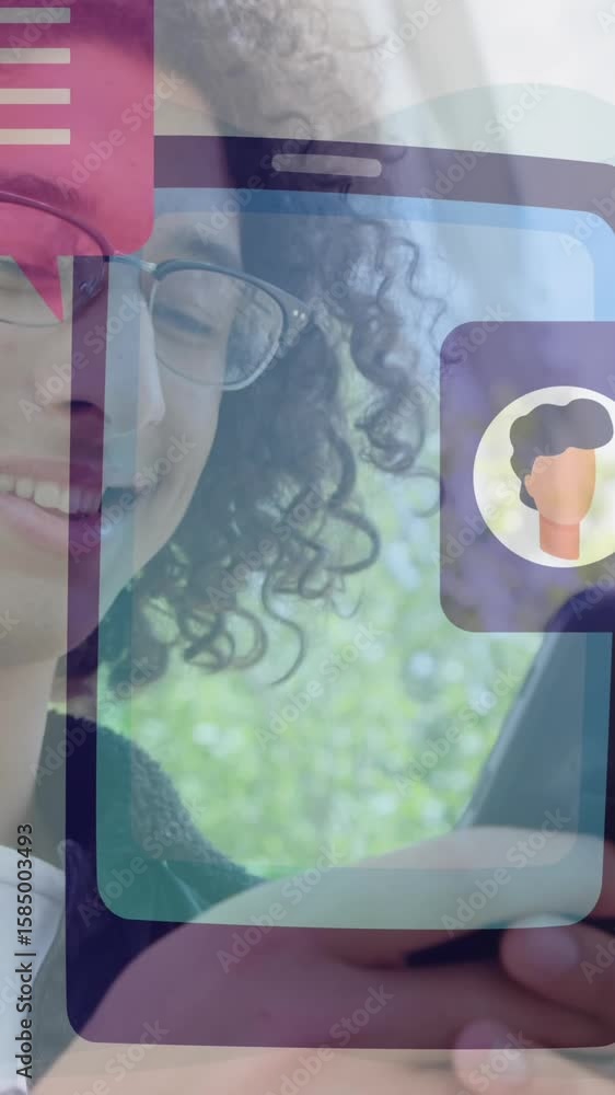 Poster animation of message box icons over cellphone against smiling man typing on cellphone