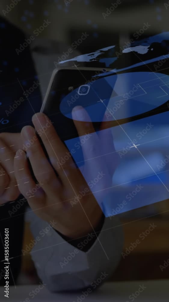 Poster animation of infographic interface over midsection of caucasian man scrolling on smartphone