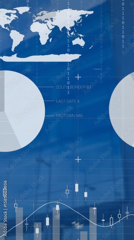 Poster animation of infographic interface over low angle view of modern building against cloudy sky