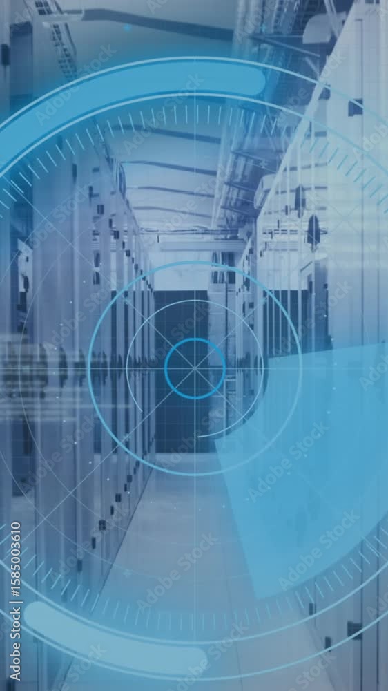 Poster animation of interface with round scanner, statistical data processing against computer server room