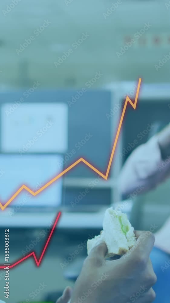 Aufkleber animation of data processing against diverse man and woman discussing while having snacks at office