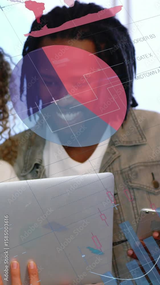 Poster animation shows data processing discussion between diverse colleagues at office.