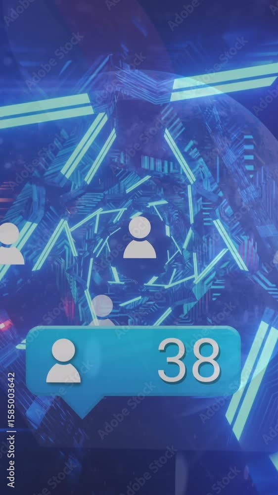 Poster animation of changing numbers in notification bar, profile icons over triangular tunnel
