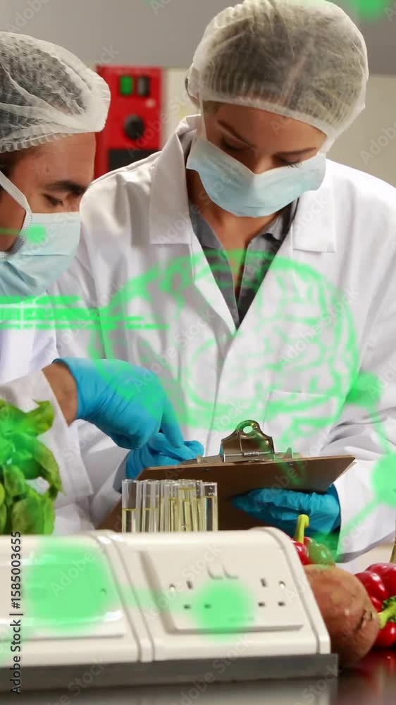 Poster animation of chemical formula and data processing over diverse scientists working in lab