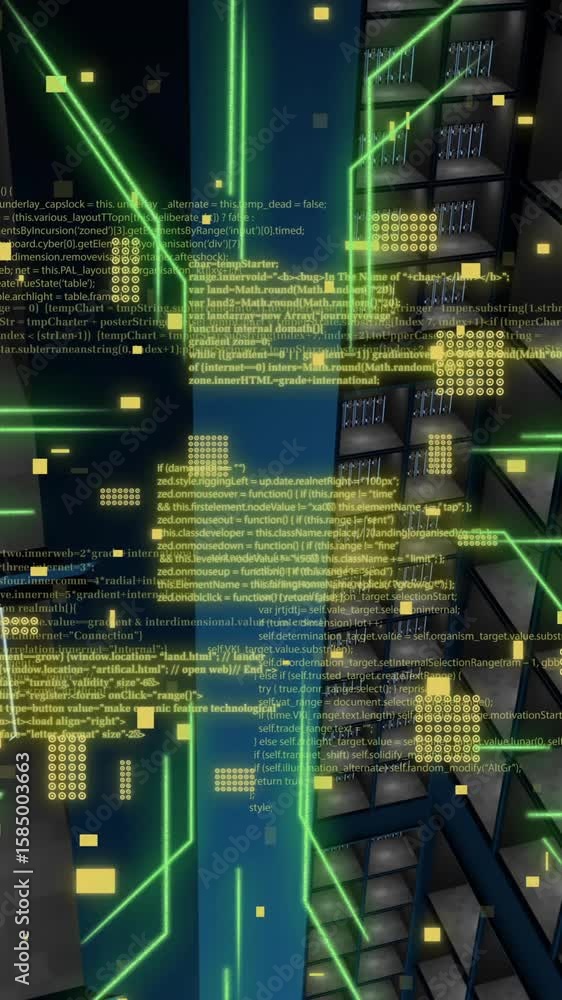 Poster animation of circuit board and digital data processing over computer servers