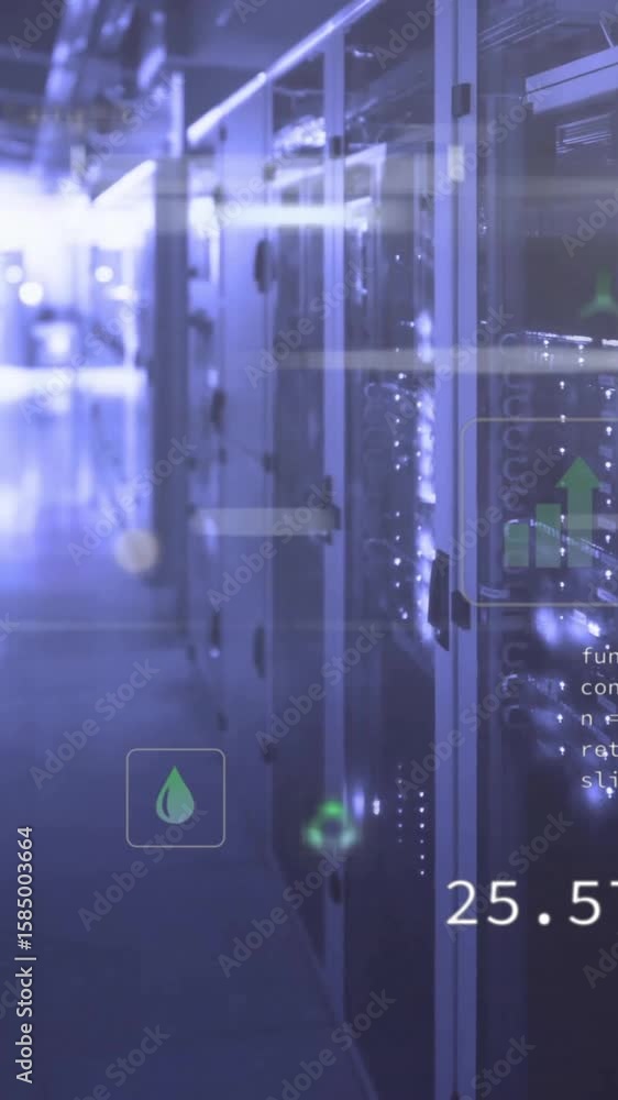Poster animation of eco icons and digital data processing over computer servers