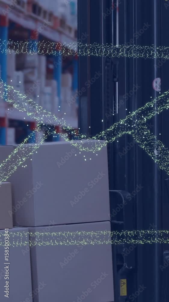 Poster animation of envelope icon and digital data processing over caucasian man working in warehouse