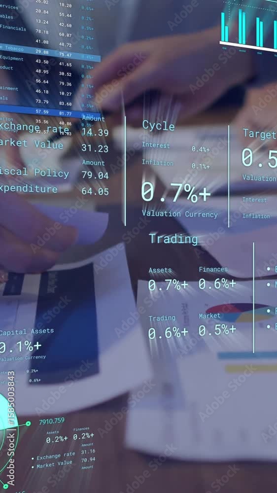 Poster Animation of diagrams and data processing over diverse colleagues discussing work in office