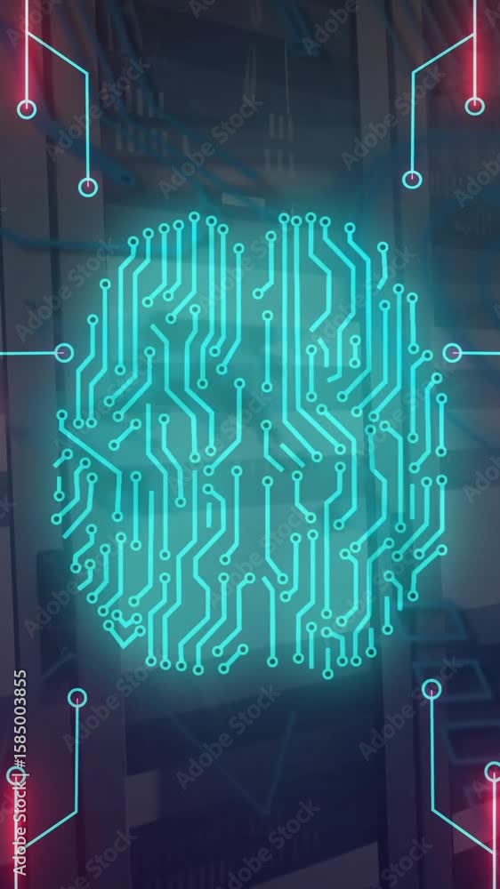 Poster animation of digital brain, circuit board and data processing over computer servers