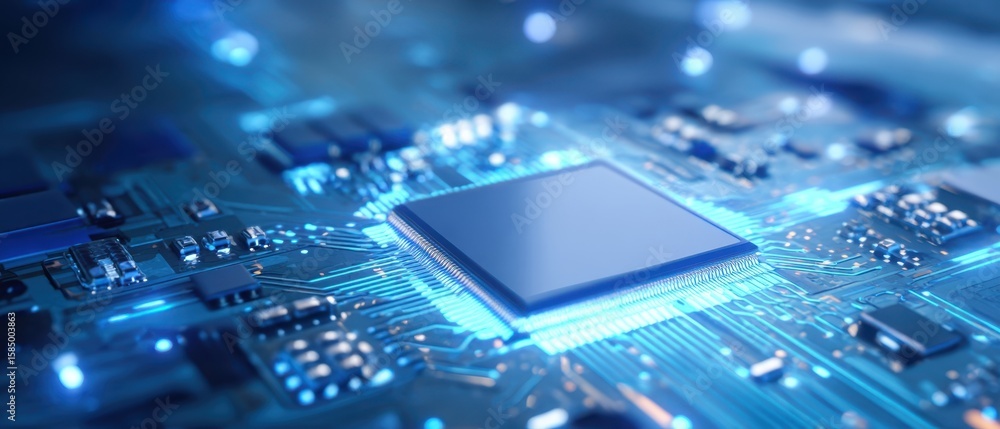 Poster the microchip illuminated on a futuristic circuit board with glowing connections.