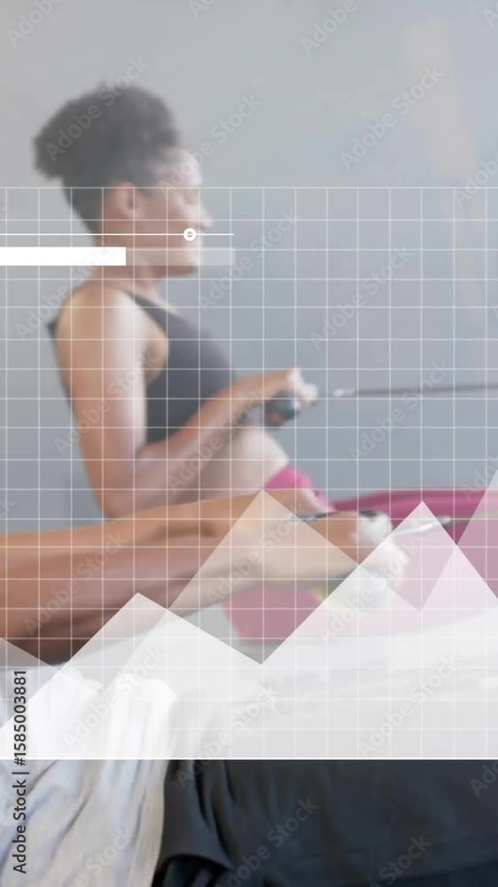 Poster animation of data processing and diagrams over diverse people using rowing machines at gym