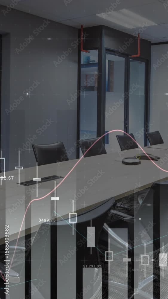 Poster animation of financial data processing over empty office