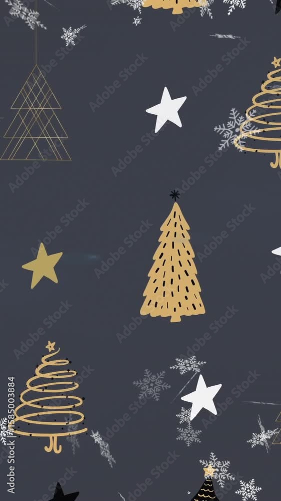 Poster animation of snow falling over christmas tree pattern on grey background