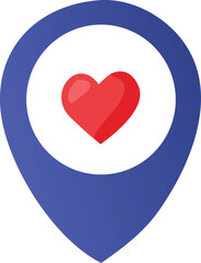 A vibrant red heart symbol is centrally located within a blue location pin marker on a clean white background