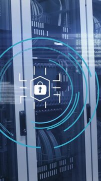 Animation of padlock icon and digital data processing over computer servers