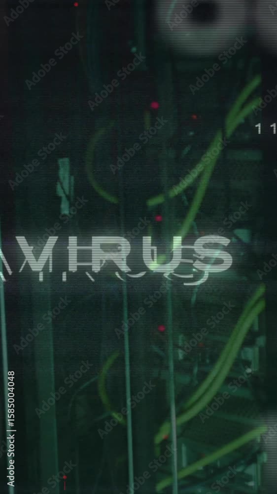 Poster animation of virus text over data processing and server room