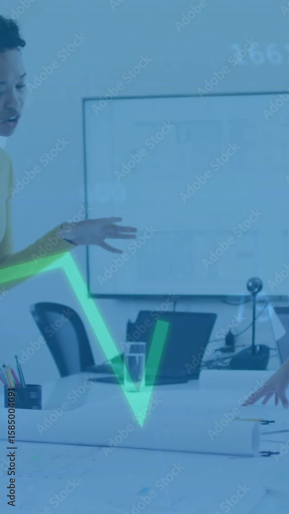 Poster animation of financial data processing over diverse colleagues discussing work in office