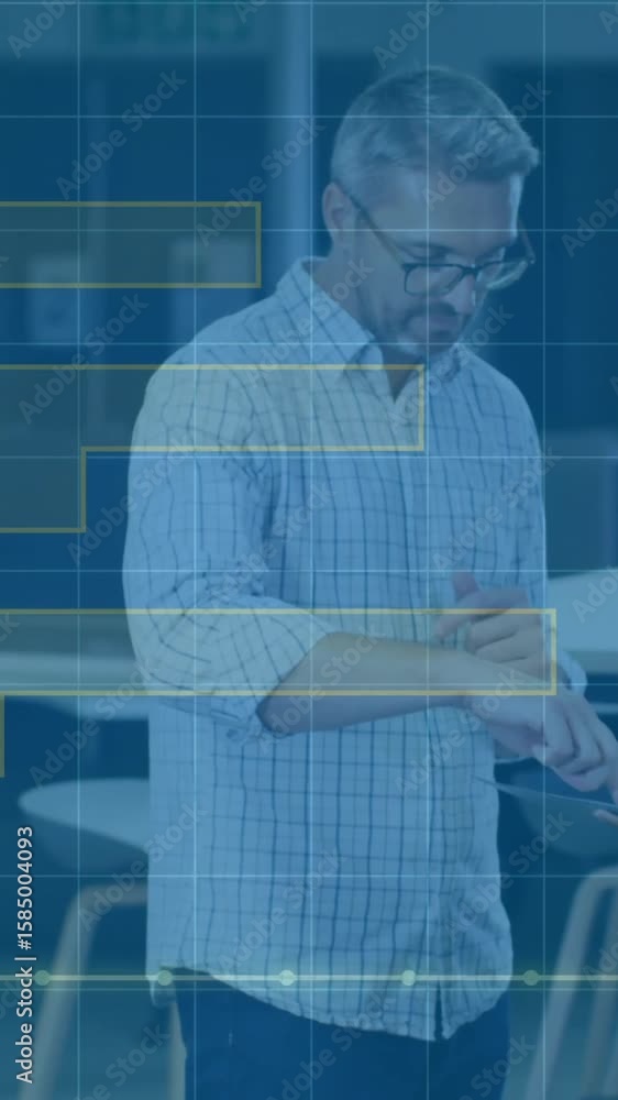 Poster animation of data processing and diagrams over diverse colleagues talking in office