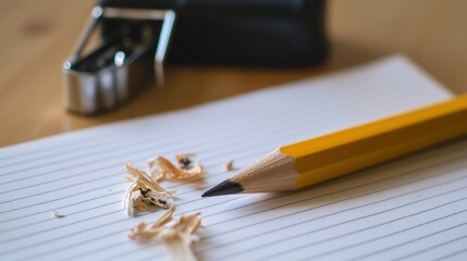 Close-up of a sharpened pencil, paper, and shavings on a wooden surface.