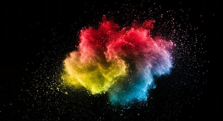 Explosion of vibrant rainbow colored powder against a black background