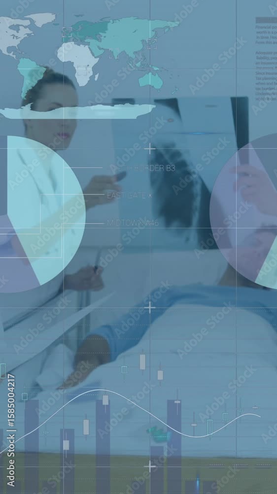 Poster animation of data processing and diagrams over caucasian doctors talking with patient