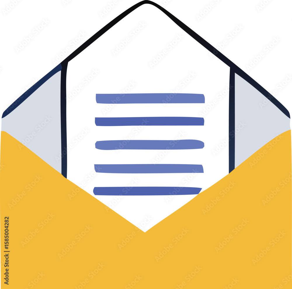 Poster open yellow envelope revealing a white paper with blue horizontal lines representing text or a messa