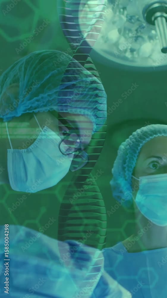 Poster Animation of data processing and dna strands over diverse surgeons during operation