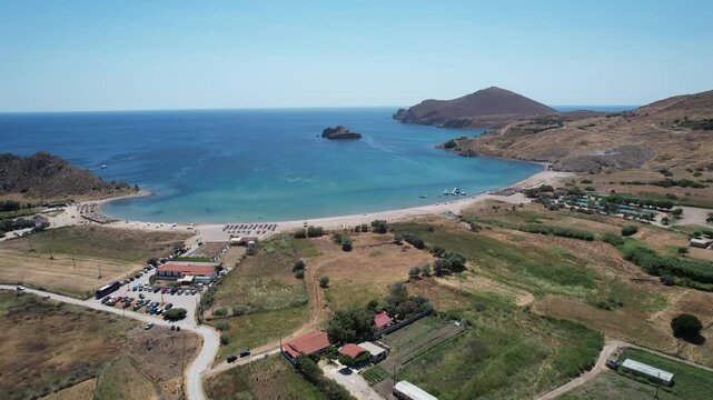 Thanos Beach in Limnos Island Greece, Aerial Panoramic View of Aegean Blue Waters