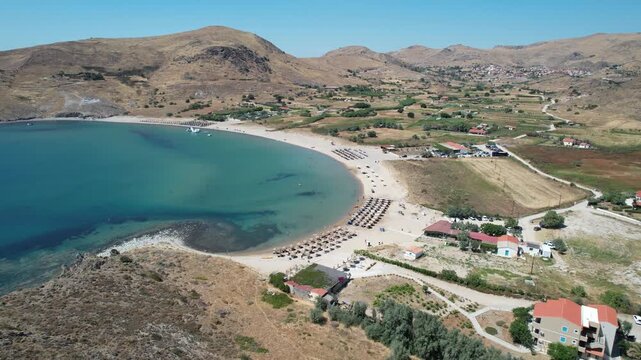 Thanos Beach Limnos Greece, Quiet Beach in Aegean Sea with Crystal Blue Waters, Aerial Dolly Shot, Panoramic View