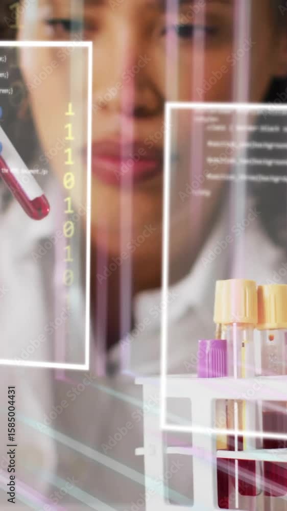 Poster analyzing blood samples, scientist with test tubes over digital data and coding animation
