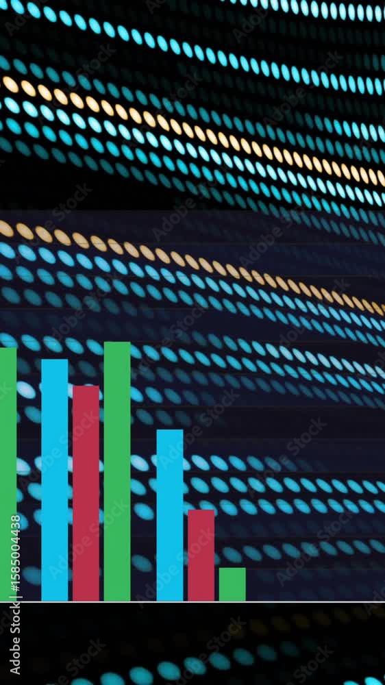 Poster bar chart animation over colorful dots forming wavy patterns